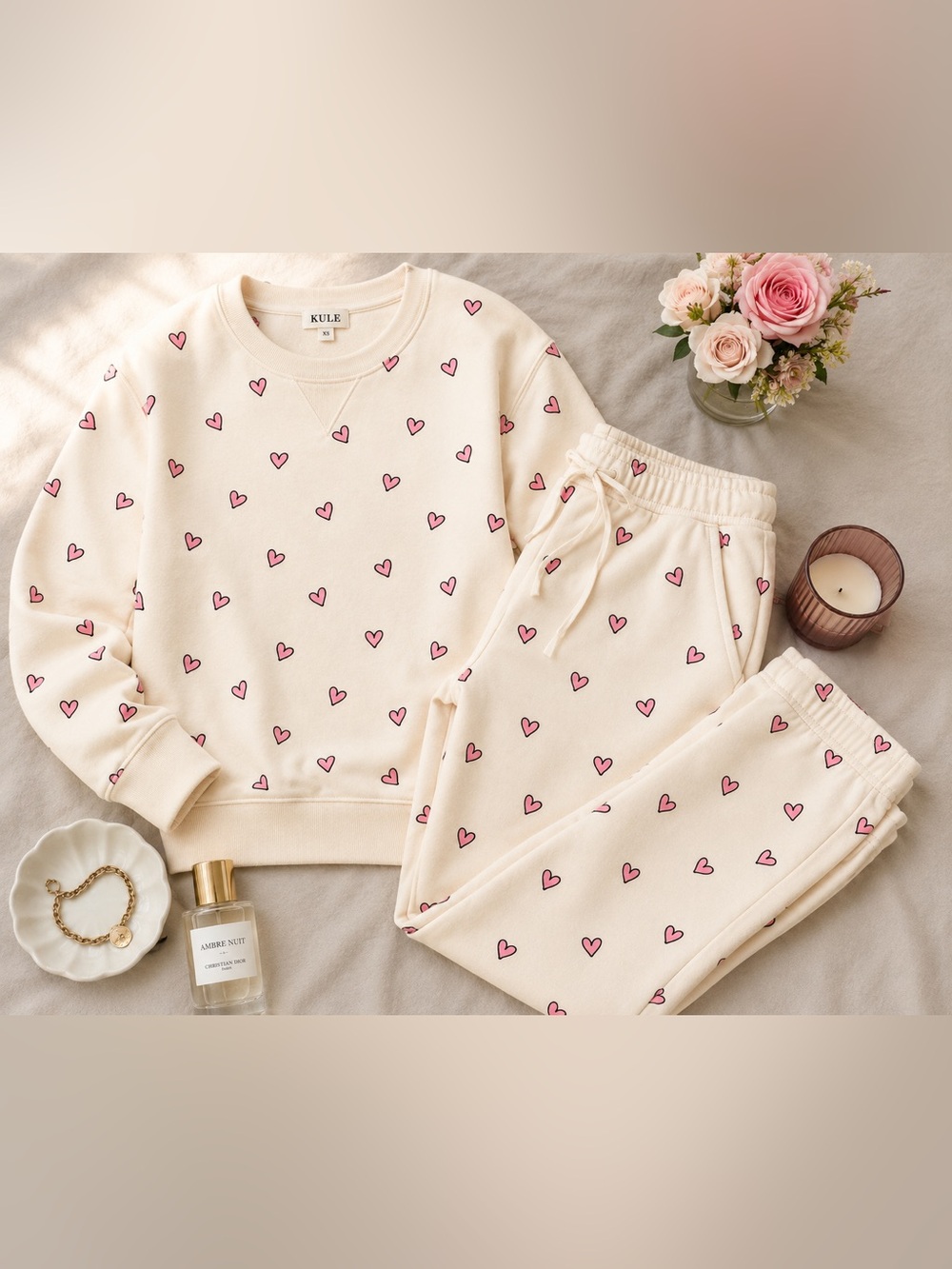 KULE All Over Heart Print Matching Sweat Set Cream Pink Crewneck & Joggers 💕Rare